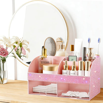 Makeup Organizer with Drawers, Cosmetic Storage for Dresser Vanity and Bathroom Countertop, Beauty Holder for Lipstick Brush, Skincare Organizer for Vanity, Cosmetic Display Case (White)