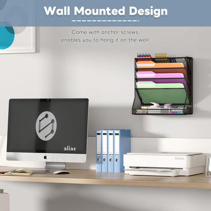 Jakyitvi File Organizer Wall Mounted, 4 Tiers Durable Adjustable Metal Desk Organizer, Desktop Hanging File Holder with 4 Pen Slots Stable, 4 Pull-Out Divider for File, Mail, Black, Patent Pending