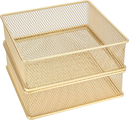 Annova Stackable Mesh Drawer Cabinet and Shelf Organizer Bins Storage Basket School Office Supply Holder Tray- Set of 2 (Gold, 3x3x2 Inch)
