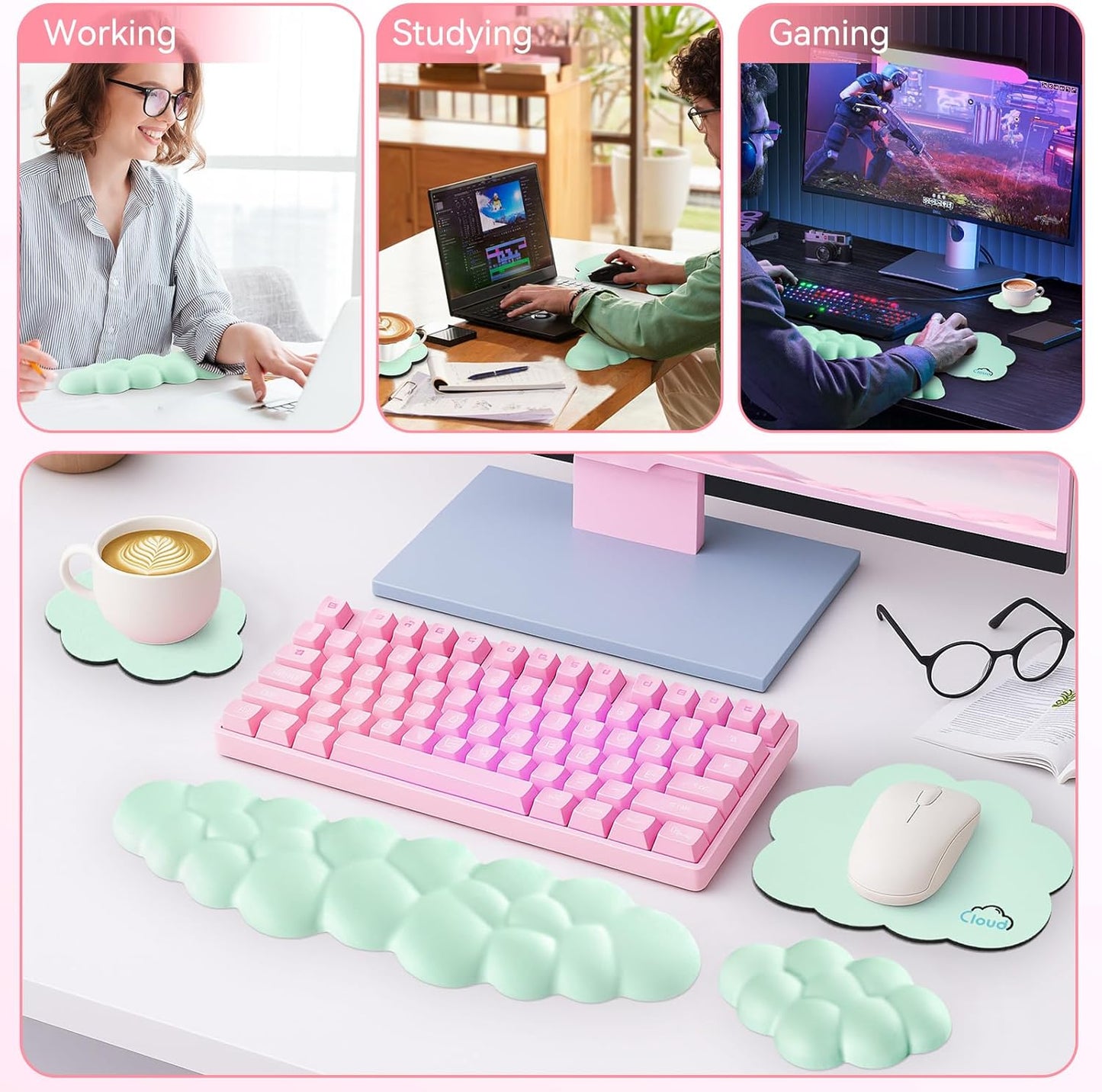 Sushret Cloud Wrist Rest for Computer Keyboard, 4-in-1 Memory Foam Leather Cloud Keyboard Wrist Rest and Mouse Pad Set with Ergonomic Support for Arm and Palm Cushion, Gaming/Work Setup, Rainbow