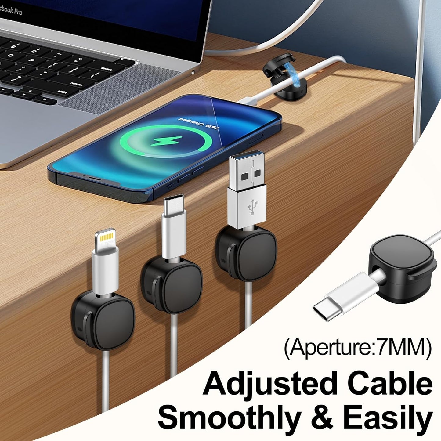 6 Pack,Magnetic Cable Clips & Silicon Cable Ties,[Cable Smooth Adjustable Under Desk Organizer],Cable Management,Cord Holder-Desk Stand Cable Organizer Holding,Adhesive for Home Cable Keeper