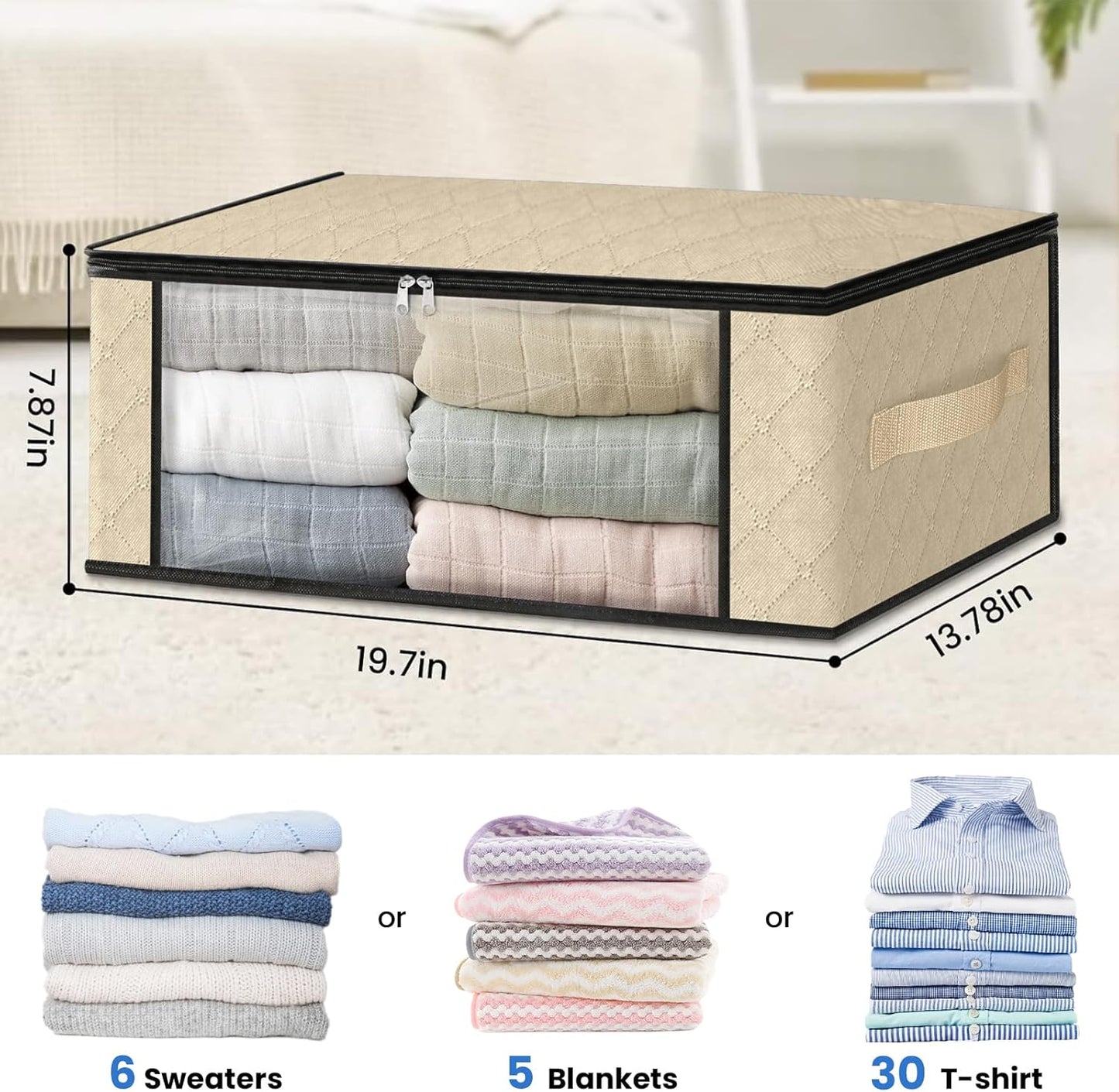 HomeHacks Storage 3-Pack Clothes Organizer Storage Bags Foldable Storage Box with Large Clear Window Sturdy Handles for Closet, Dorm, Pillows, Bedding, Clothes, Blankets, 35L, Gray