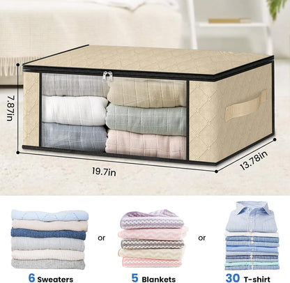 HomeHacks Storage 3-Pack Clothes Organizer Storage Bags Foldable Storage Box with Large Clear Window Sturdy Handles for Closet, Dorm, Pillows, Bedding, Clothes, Blankets, 35L, Gray