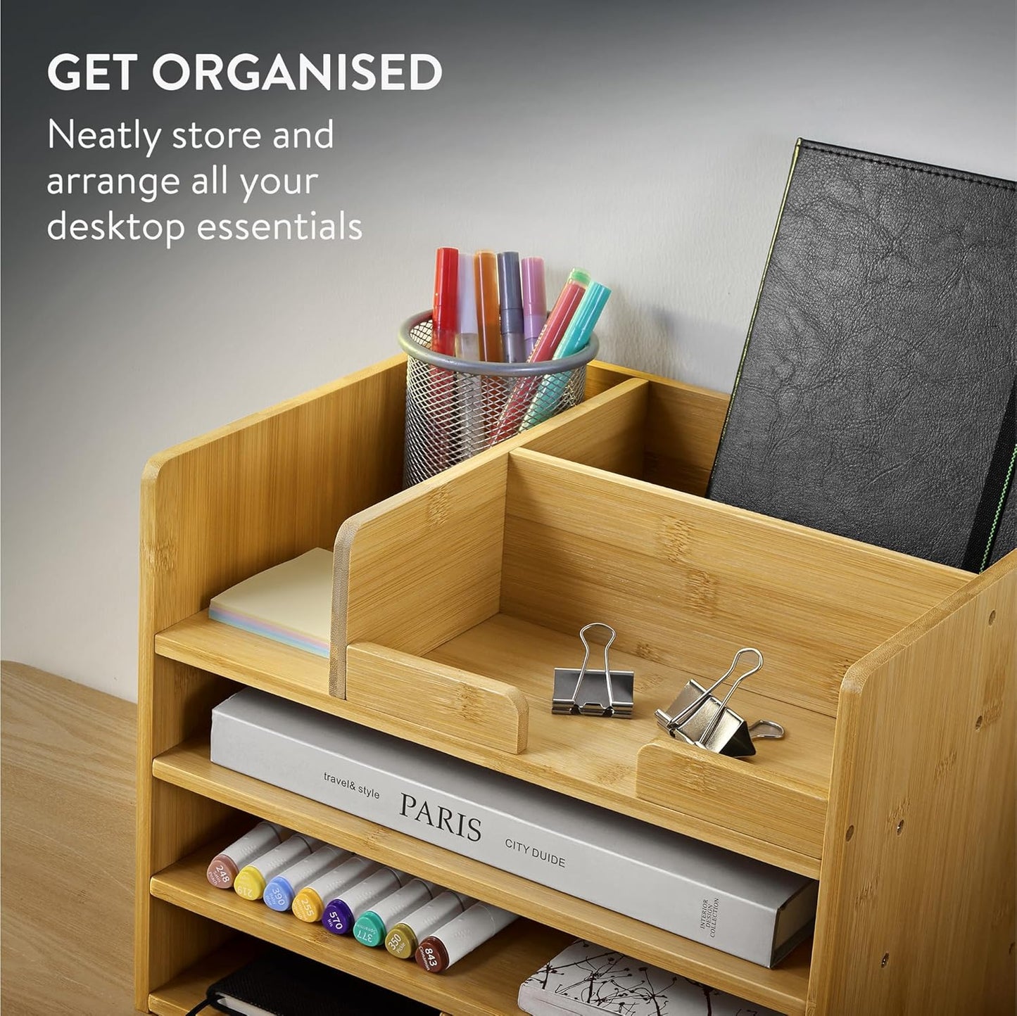 Navaris Bamboo Desk Organizer - Wood Desktop Storage Drawers and Compartments for Organizing Stationery, Documents, Files, Office Accessories