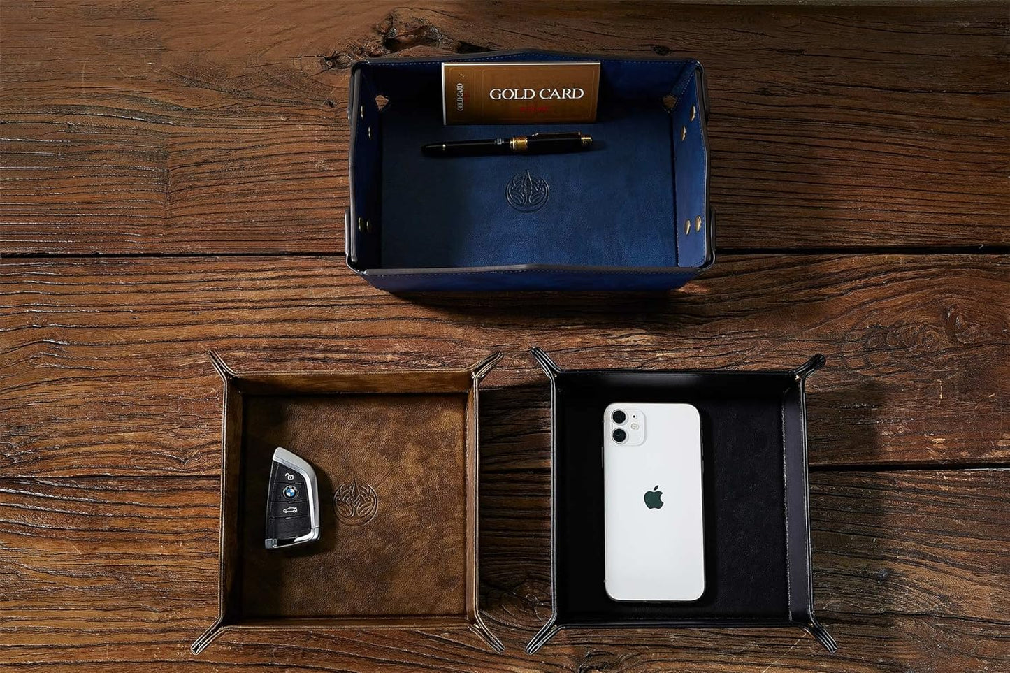 Leather Bedside Storage Tray - Jewelry Organizer for Girl's Key, Wallet, Coin Box - Travel PU Valet Tray (Dark Blue)