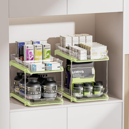 Delamu 2-Tier Multi-Purpose Bathroom Under Sink Organizers and Storage, Stackable Kitchen Pantry Organization, Pull Out Medicine Cabinet Organizer with Movable Dividers, White, 2 Pack