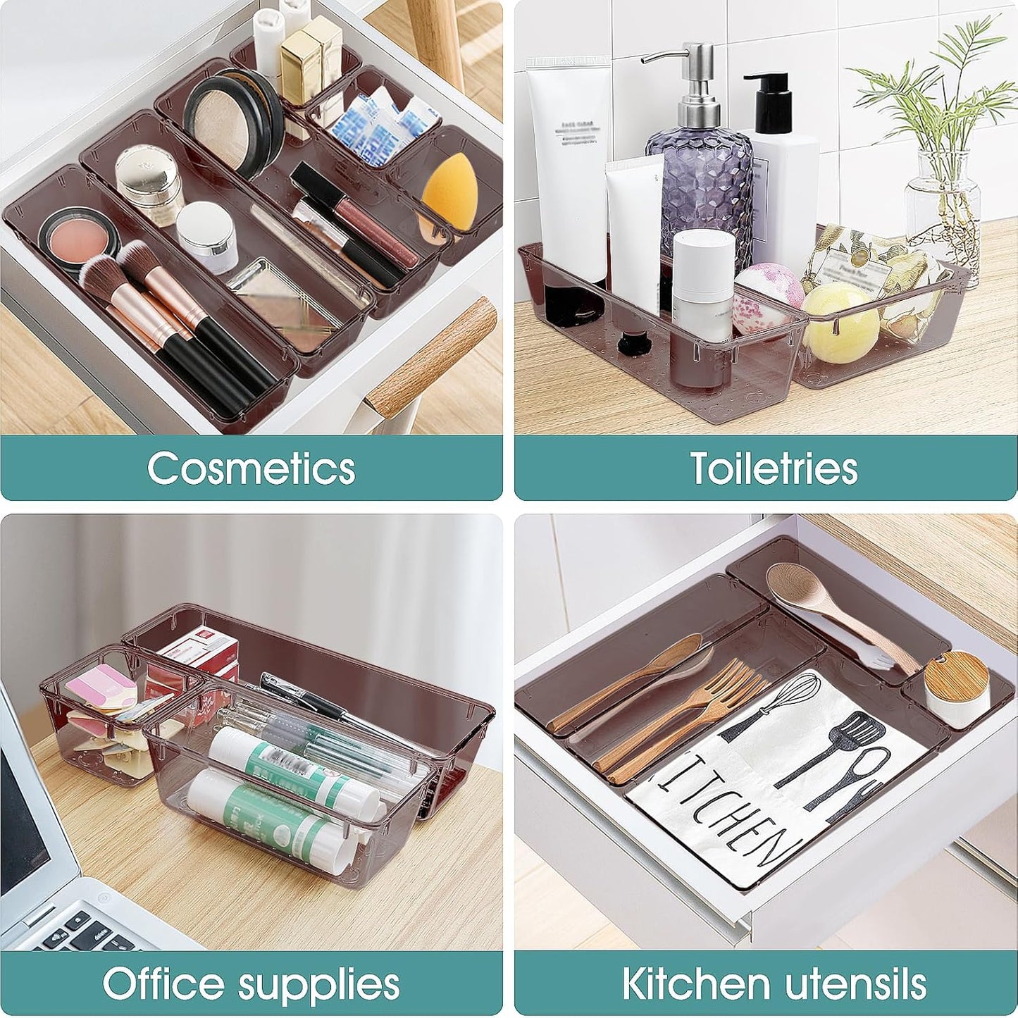 WOWBOX 25 PCS Clear Plastic Drawer Organizer Set, 4 Sizes Desk Drawer Divider Organizers and Storage Bins for Makeup, Jewelry, Gadgets for Kitchen, Bedroom, Bathroom, Office