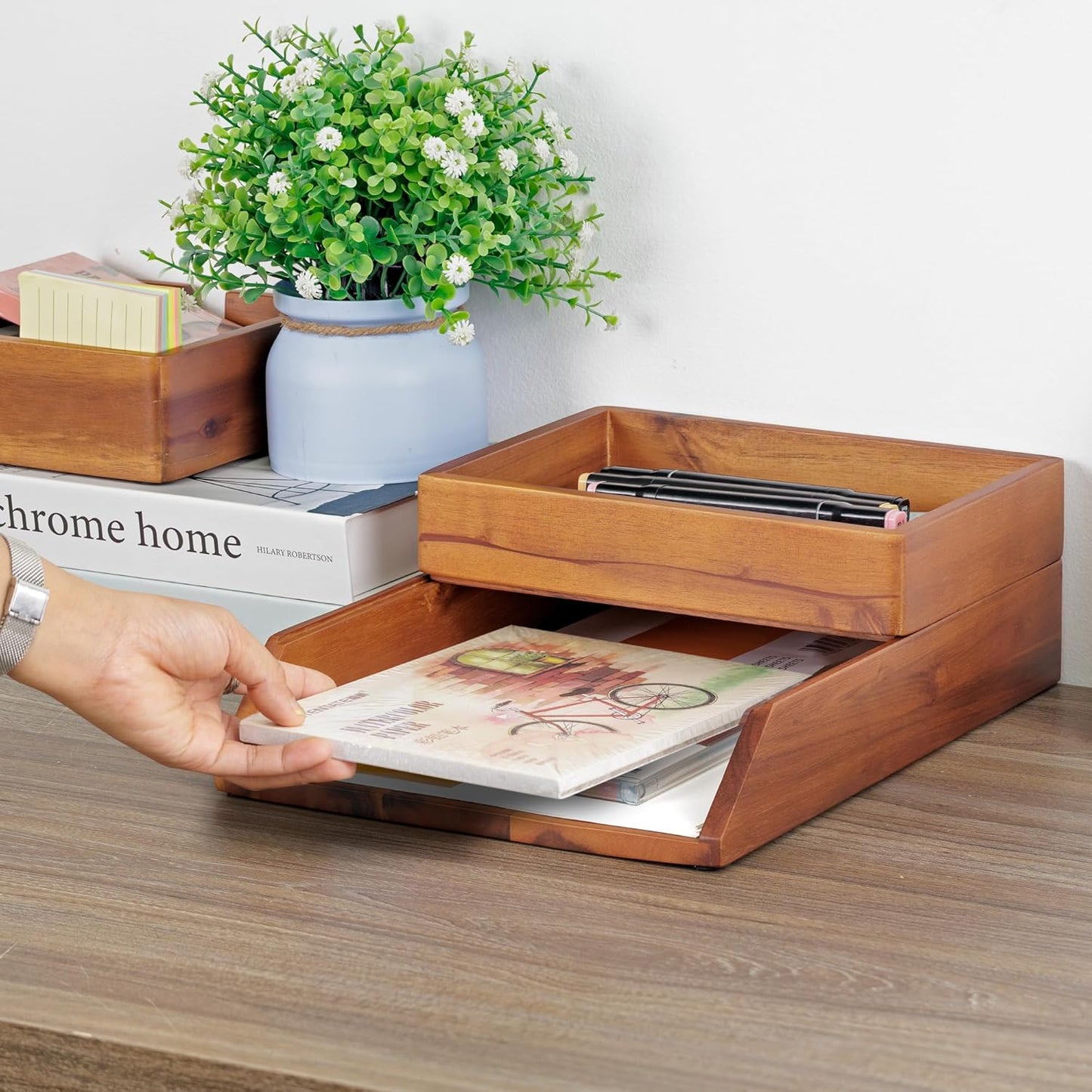Demigo Desk Organizer Letter Tray Set of 2, Acacia Wood Tabletop Desktop for Storage Paper Letter Folders Notebooks Copy Print, Workspace Holder, Keep Stationery Saver (Brown)