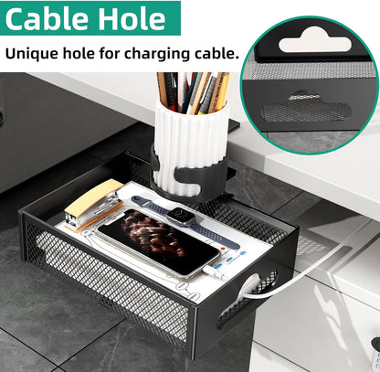CABTE Desk Cup Holder with Drawer Organizer, Anti-Spill Clip-On Table Cup Hook with 360° Rotation Hidden Storage Box for Office Home Gaming Table (Black)