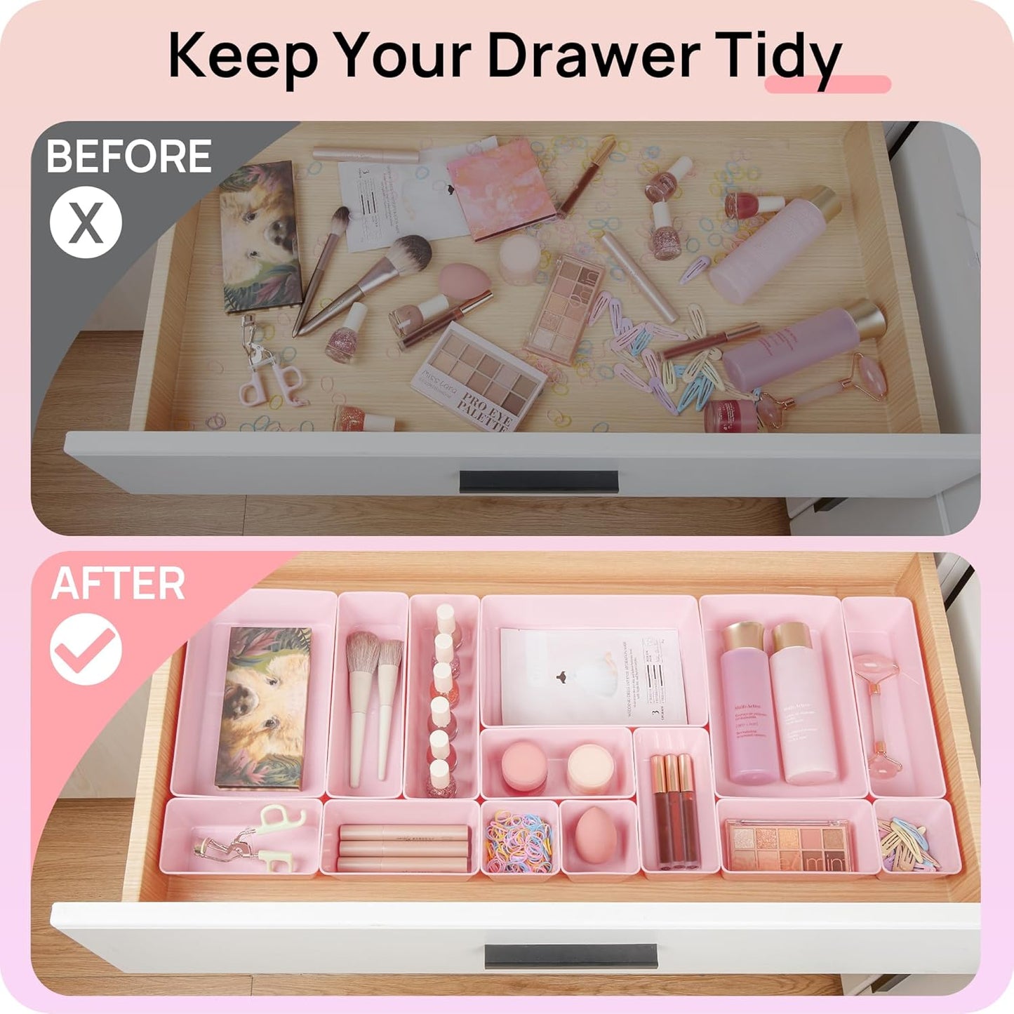 Vtopmart 44 PCS Clear Plastic Drawer Organizers Set, 4-Size Versatile Bathroom and Vanity Organizer Trays, Non-Slip Storage Containers for Makeup, Jewelries, Bedroom，Kitchen Utensils and Office