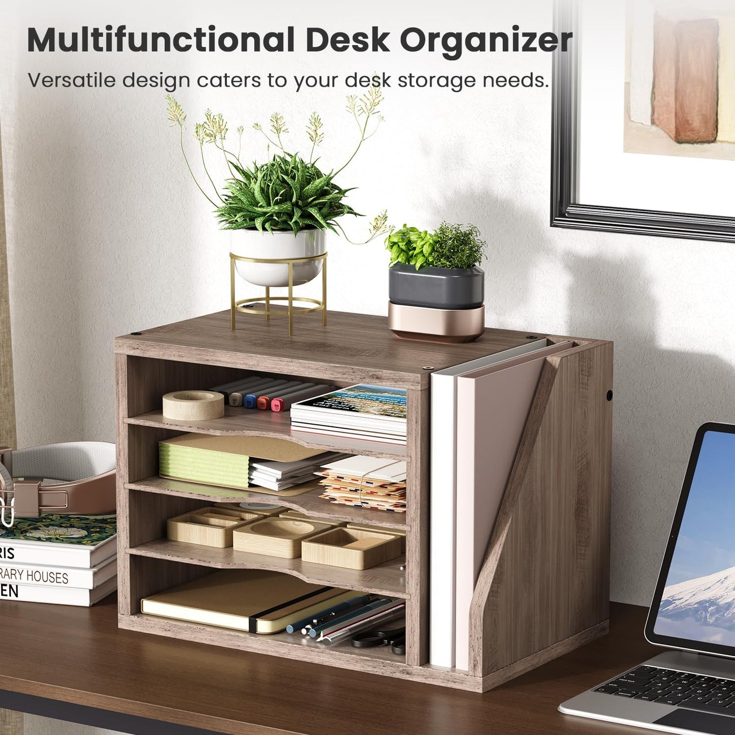 Creso hom Mail Sorter, File Organizer Desktop, Wood Desk Organizer with 3 Adjustable Shelves, Mail Holder for Office, Home, Letter Sorter File Holders for Envelopes, Supplies Magazines, Rustic Brown