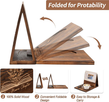 Wooden Book Holder Stand for Page Rest Nook Reading Valet with Coffee Mug Cup Glasses Pen Ipad Holder for Nightstand Desktop Bedside Birthday Gifts for Book Lovers Readers (Brown)