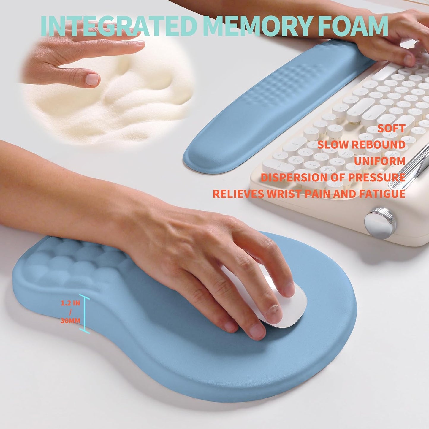 2-in-1 Ergonomic Set, Wave Rise Keyboard Wrist Rest and Massage Bulge Slope Mouse Pad Wrist Support, Cushion Memory Foam Integrated to Relieve Wrist Pain, Black