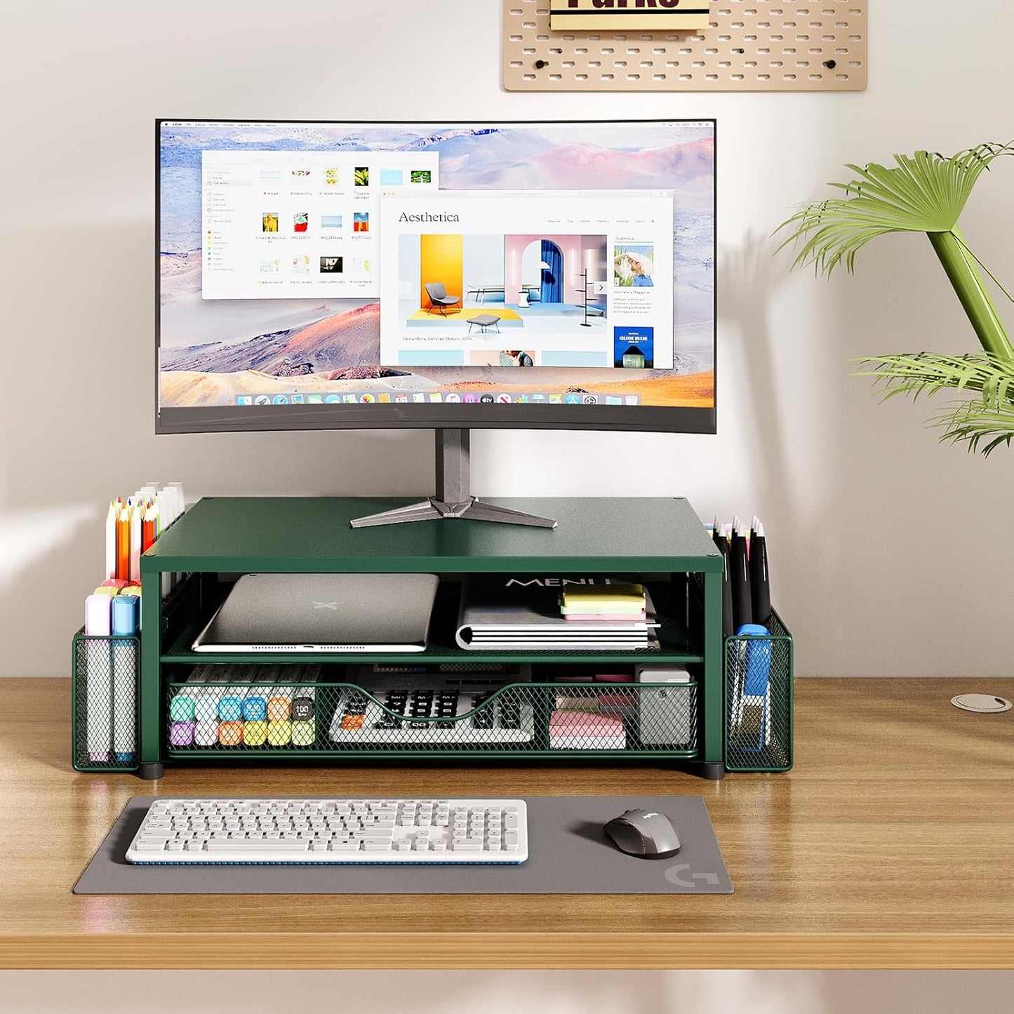 OPNICE Desk Organizer and Accessories, 2-Tier Computer Monitor Stand Riser with Drawer and 2 Pen Holders, Laptop Stand, Office Desk Accessories for Office Supplies, Black