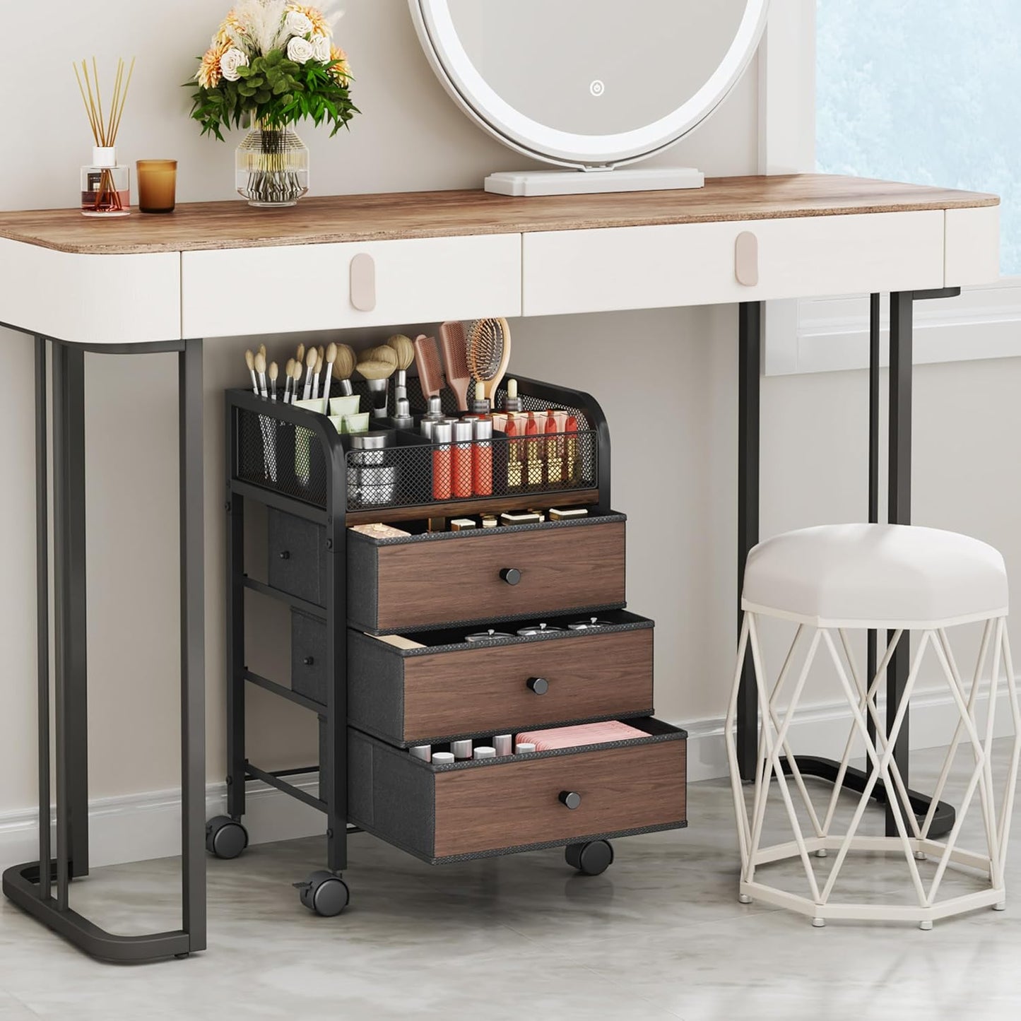 SWTYMIKI Rolling Makeup Organizer Cart - Under Desk Vanity Makeup Storage with 3 Non-woven Drawers, Nail Cart Organizer Cosmetic Display Cases Cabinet for Skin Care Perfume Nail Polish Brush Hair Tool