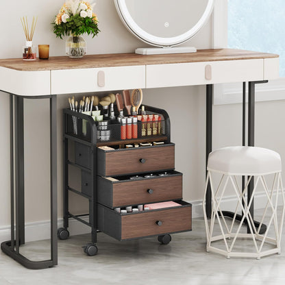 SWTYMIKI Rolling Makeup Organizer Cart - Under Desk Vanity Makeup Storage with 3 Non-woven Drawers, Nail Cart Organizer Cosmetic Display Cases Cabinet for Skin Care Perfume Nail Polish Brush Hair Tool