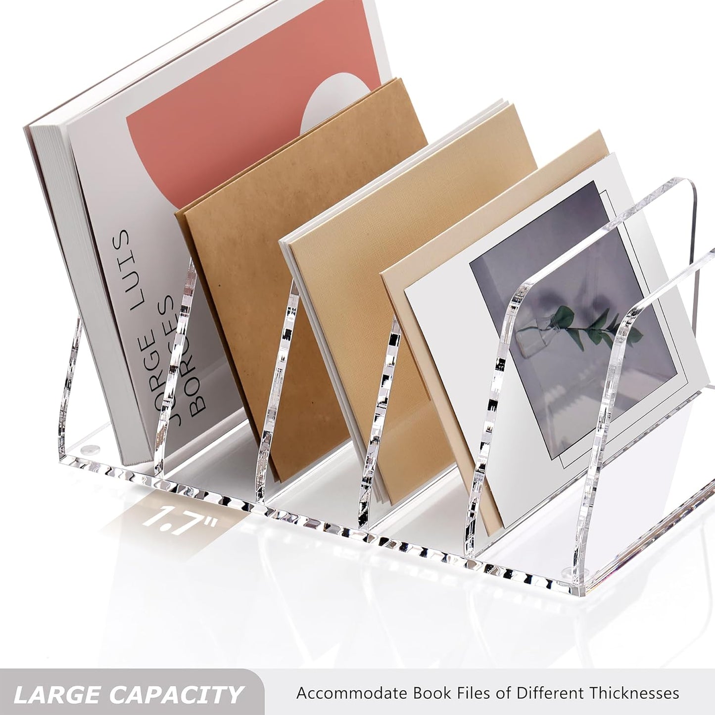 SANRUI 5 Compartments Acrylic Mail Sorter Holder, Clear Document Magazine Envelope File Rack, Vertical Letter Sorter & Multifunction Desk Organizer for Bills, Documents, Notebooks