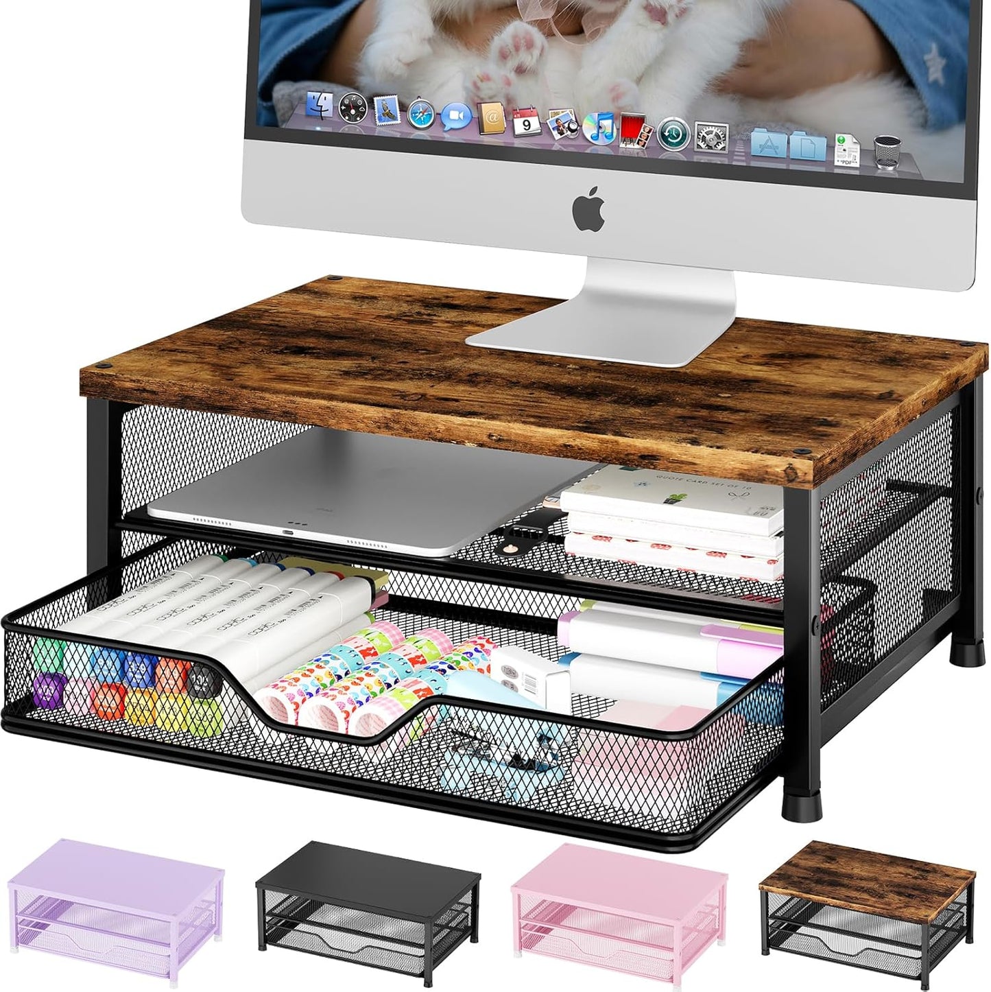 OPNICE Computer Monitor Stand Riser, Desk Organizer with Drawer, Printer & Laptop Stand, Office Desk Accessories & Workspace Desktop Organizers Storage for Office Supplies(Brown)