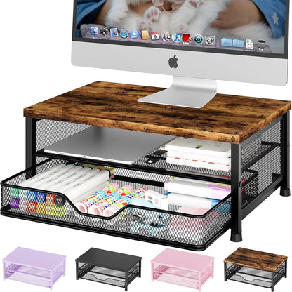 OPNICE Computer Monitor Stand Riser, Desk Organizer with Drawer, Printer & Laptop Stand, Office Desk Accessories & Workspace Desktop Organizers Storage for Office Supplies(Brown)