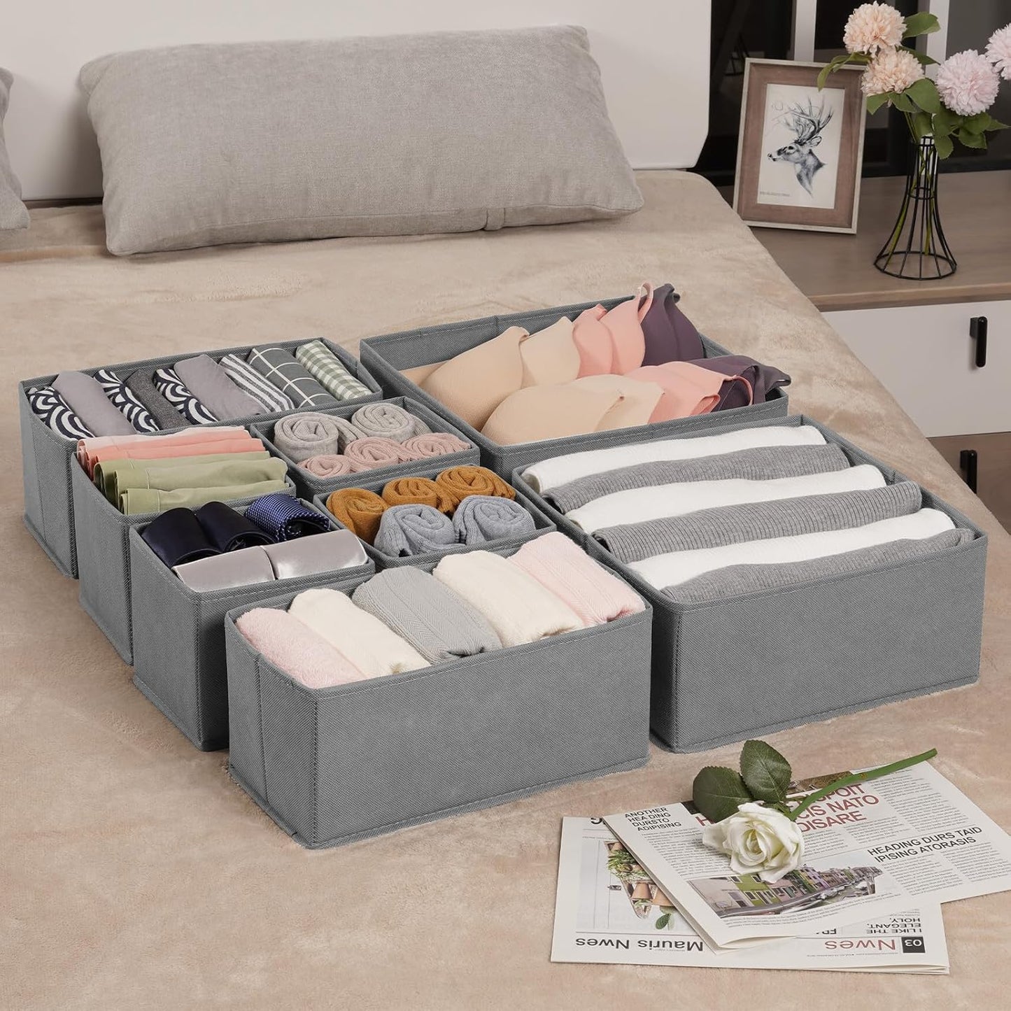 Criusia Drawer Organizer Clothes, 8 Pack Underwear Organizer, Foldable Closet Organizers and Storage Dresser Dividers for Clothes, Socks, Scarves, Ties (Gray)