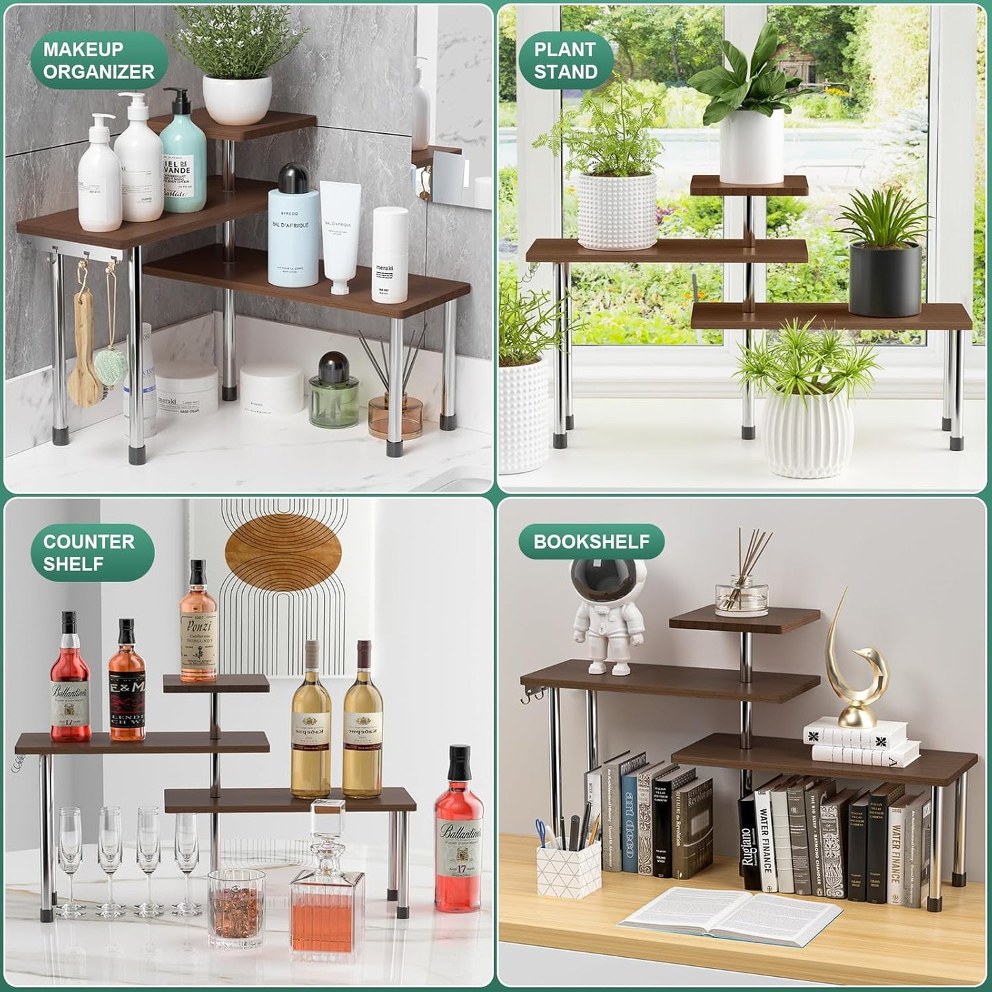 ZHWS Kitchen Countertop Organizer Spice Rack for Salt, Bathroom Counter Organizer Over Sink for Makeup, Skincare, Adjustable 3-Tier Corner Counter Shelf with 4 Hooks for Coffee Bar Dresser Table