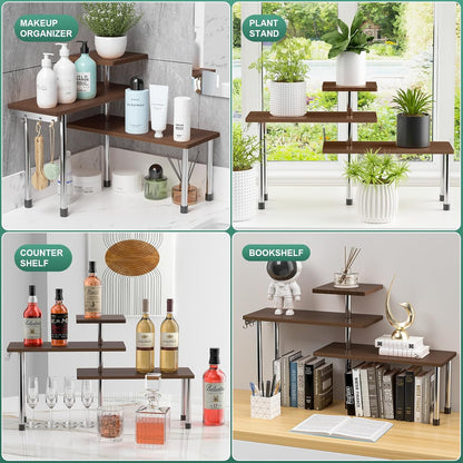 ZHWS Kitchen Countertop Organizer Spice Rack for Salt, Bathroom Counter Organizer Over Sink for Makeup, Skincare, Adjustable 3-Tier Corner Counter Shelf with 4 Hooks for Coffee Bar Dresser Table