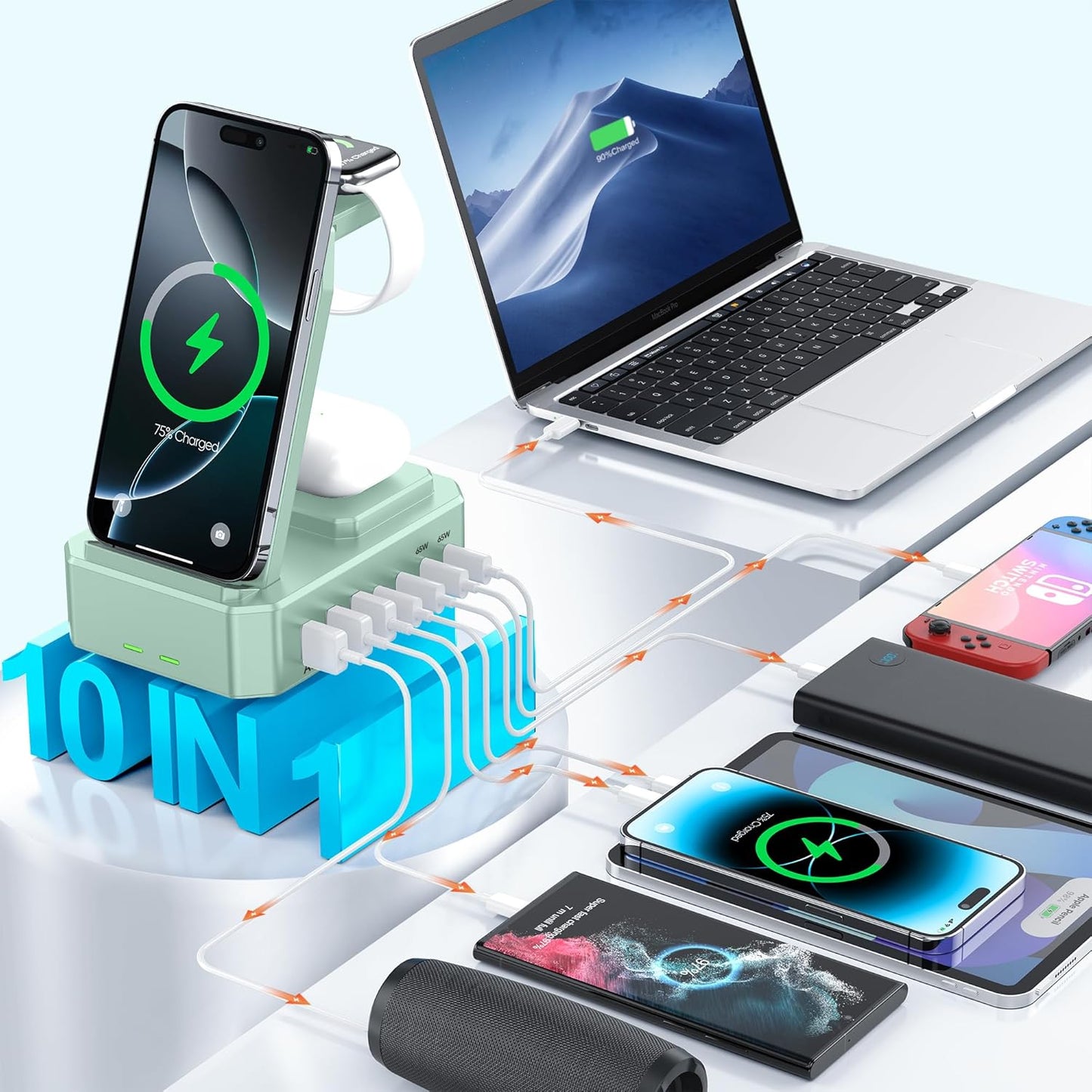 300W Charging Station for Multiple Devices Apple,10 in 1 Wireless Charger for iPhone,GaN III USB C 65W PD Fast Charging Stand Dock for MacBook,iWatch&Airpods (Wireless Charging Only for Apple)