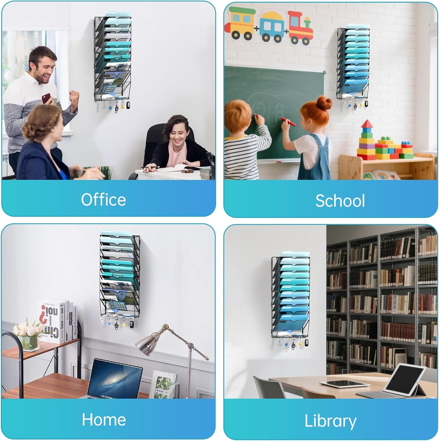 5 Tier Wall File Organizer - Hanging File Organizer with 5 Hooks, Mail Holder Wall Mounted for Papers, Folders, Magazines, Bills, Office&School Organization, Black