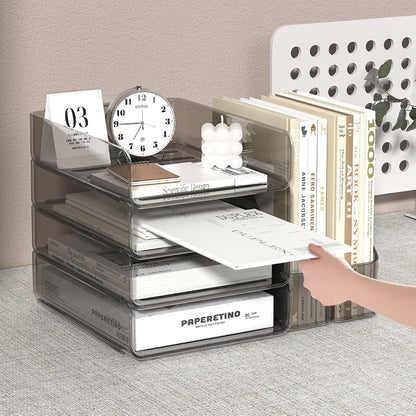 FANXIYQ 4-Tier Horizontal Acrylic Paper Tray Organizer with Bookends | Clear Stackable Desk Organizer for Documents, Letters, A4 Paper | Modern Office/Classroom/Home Organization