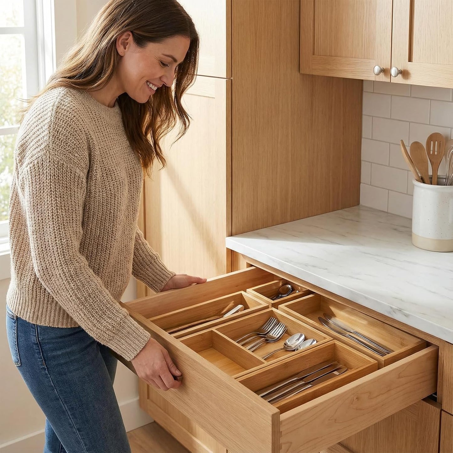 Bamboo Desk Organizer, Utensil Holder Storage Box, Wood Drawer Organizer Set for Kitchen, Bathroom, Office Desk, Makeup, Utensils, Jewelry