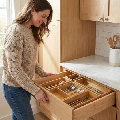 Bamboo Desk Organizer, Utensil Holder Storage Box, Wood Drawer Organizer Set for Kitchen, Bathroom, Office Desk, Makeup, Utensils, Jewelry