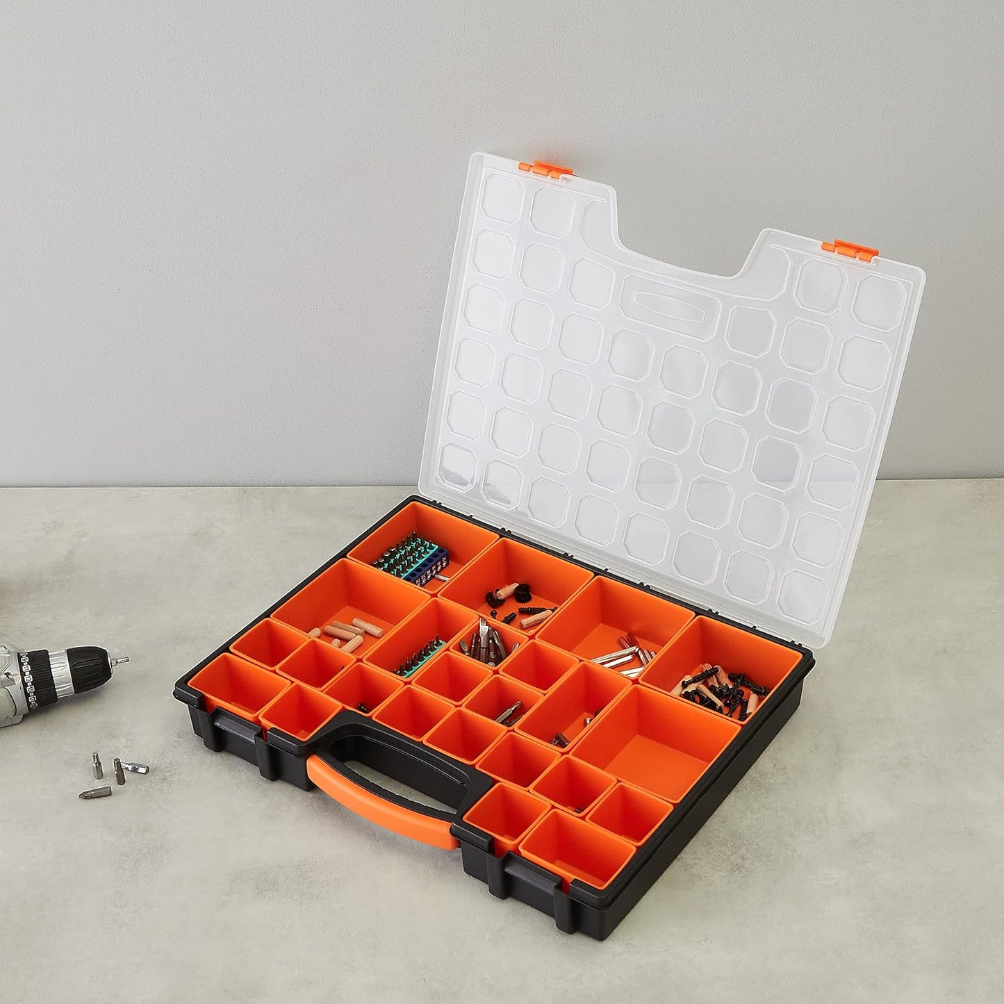 Amazon Basics 19-Removable Compartment Small Parts Organizer, Portable Hardware Storage Box with Customizable Compartments, Black, Orange, 16.5 x 13.2 x 2.4 inches