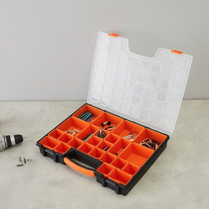 Amazon Basics 19-Removable Compartment Small Parts Organizer, Portable Hardware Storage Box with Customizable Compartments, Black, Orange, 16.5 x 13.2 x 2.4 inches