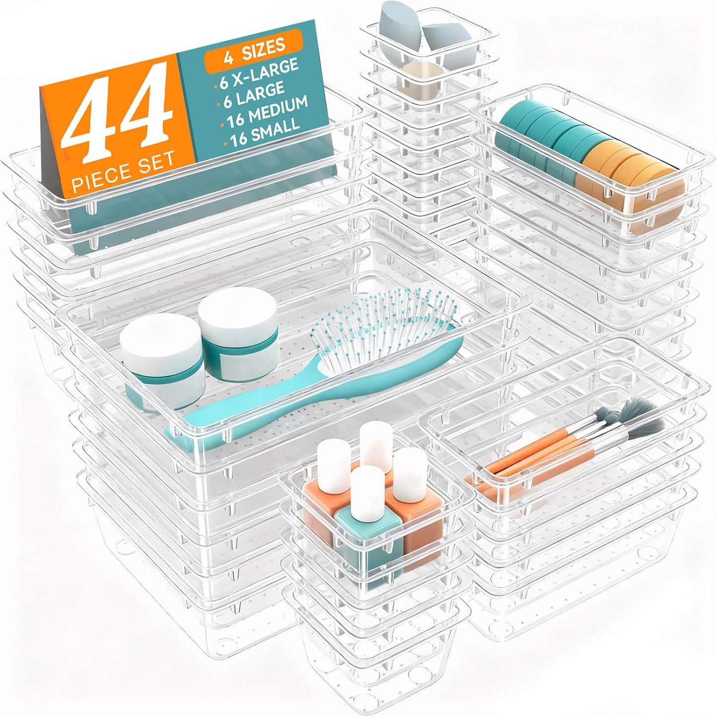WOWBOX 44 PCS Clear Plastic Drawer Organizer Set, 4 Varied Size storage Bins and Desk Drawer Organizer tool Trays for Makeup, Gadgets, Jewelry and Utensils in Bathroom, Bedroom and Office, Clear Black