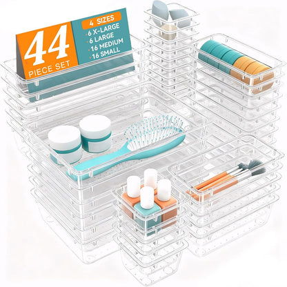 WOWBOX 44 PCS Clear Plastic Drawer Organizer Set, 4 Varied Size storage Bins and Desk Drawer Organizer tool Trays for Makeup, Gadgets, Jewelry and Utensils in Bathroom, Bedroom and Office, Clear Black