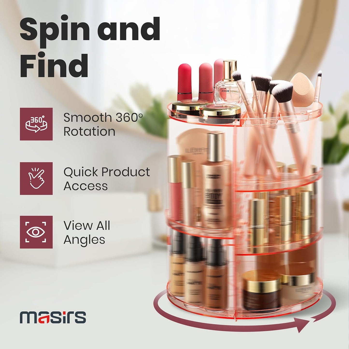 Masirs Small 360 Rotating Makeup Organizer - Mini Yet Spacious Cosmetic Storage Solution with Multiple Compartments - The Perfect Spinning Make-Up Caddy for Vanity or Bathroom Counter (Round - Clear)