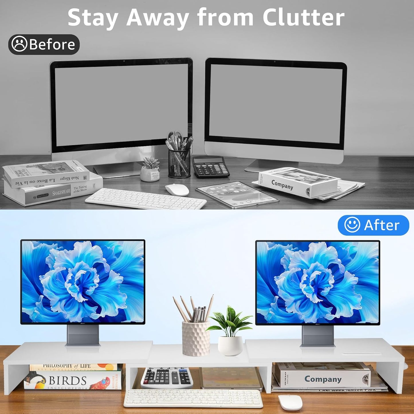 La Jaco Dual Monitor Stand Riser for 2 Monitors, Monitor Stand for Desk, Adjustable Length & Swivel Angle Wooden Desktop Organizer Stand Riser with Smartphone Holder for PC Monitor Laptop, White