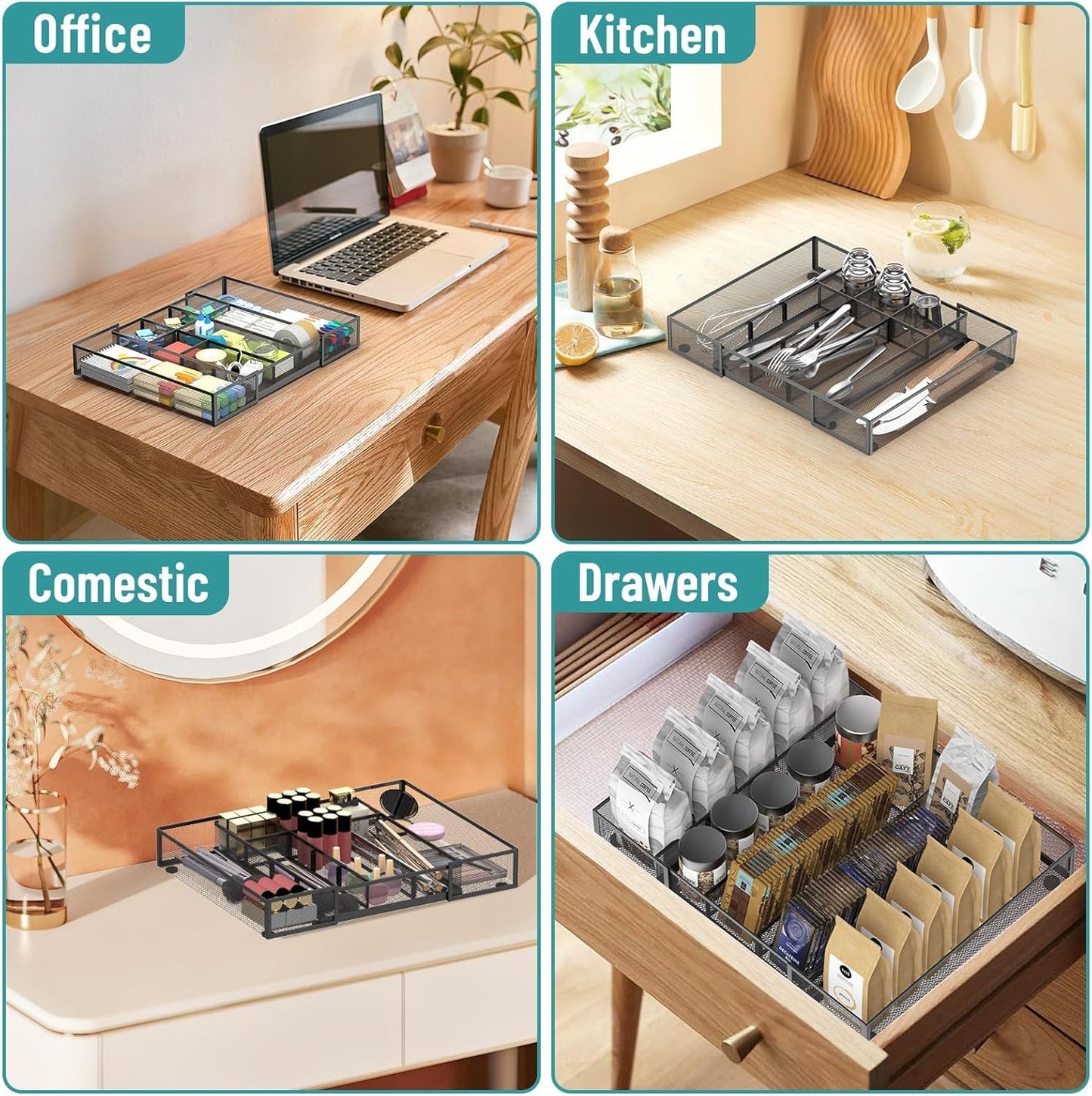 Expandable Desk Drawer Organizer Tray with 10 Adjustable Compartments, Metal Mesh Office Drawer Organizer, Versatile Desk Organizer for Home, School Supplies, Makeup Vanity & Jewelry (Black)