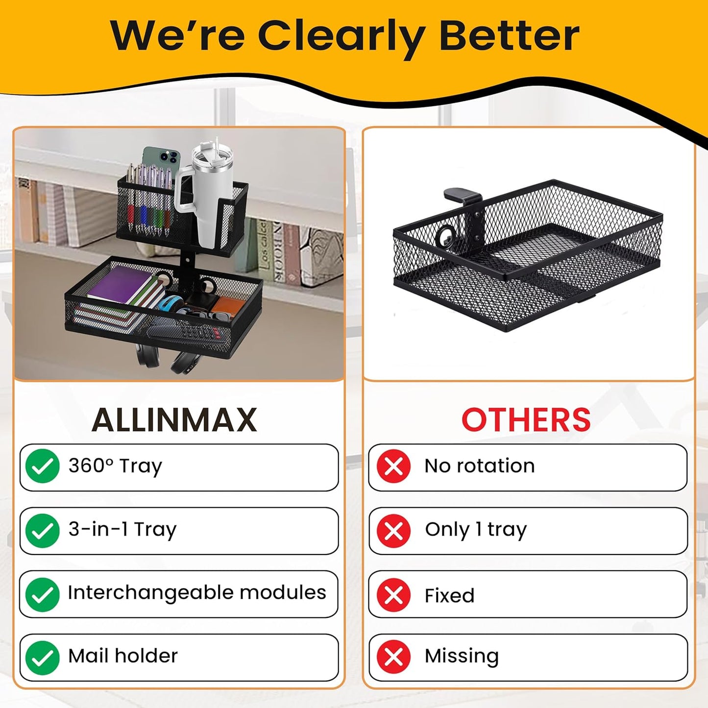 6-in-1 Clamp On Desk Organizer with Cup Holder & 360° Rotating Under Desk Drawer, Swappable Parts, Easy to Install Standing Desk Drawer Attachment, Space-Saving for Home & Office
