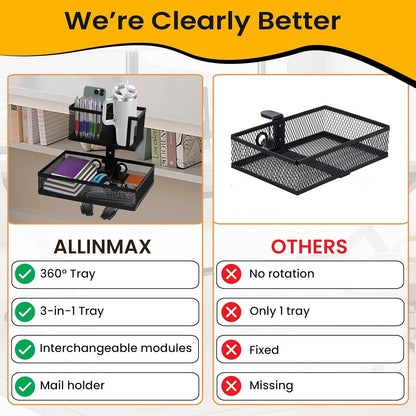 6-in-1 Clamp On Desk Organizer with Cup Holder & 360° Rotating Under Desk Drawer, Swappable Parts, Easy to Install Standing Desk Drawer Attachment, Space-Saving for Home & Office