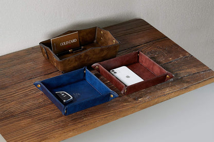 Leather Bedside Storage Tray - Jewelry Organizer for Girl's Key, Wallet, Coin Box - Travel PU Valet Tray (Dark Blue)