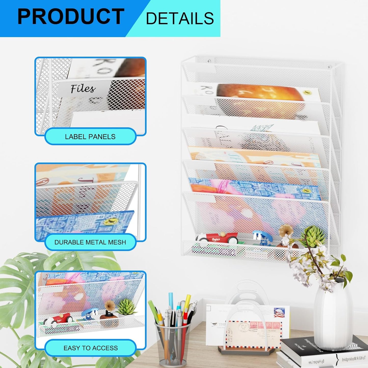 Wall File Organizer Holder Mesh Hanging Paper Document Holder,Vertical 6 Pocket Tier for Office Home, Black