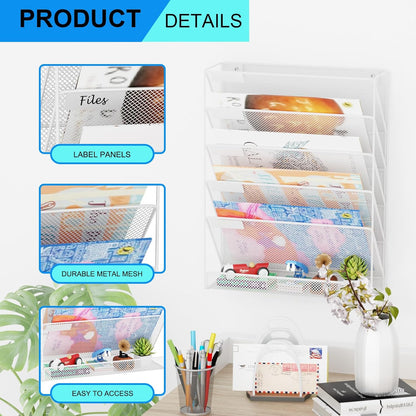 Wall File Organizer Holder Mesh Hanging Paper Document Holder,Vertical 6 Pocket Tier for Office Home, Black