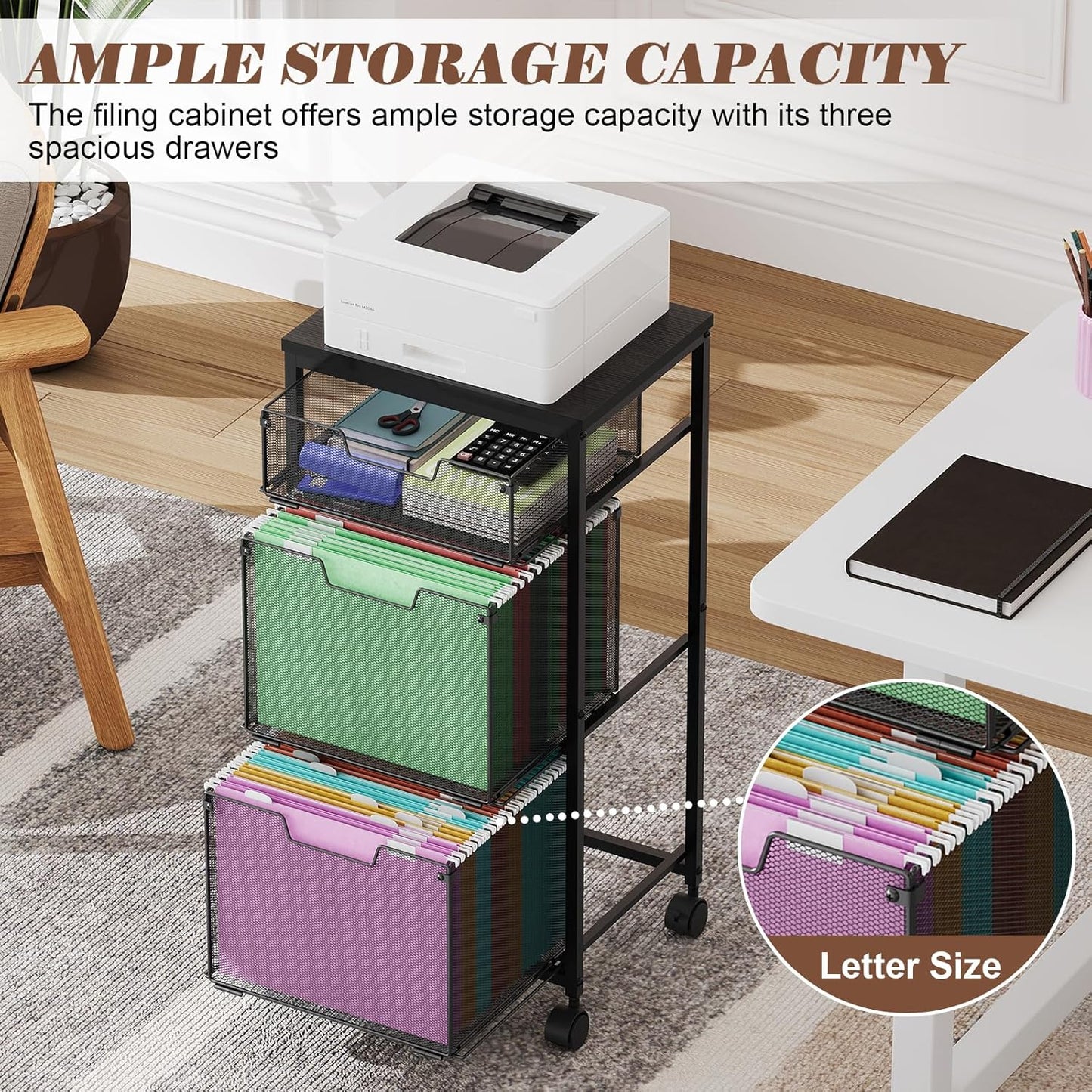 Sbanmao Rolling File Cart with 2 Storage Drawers, Mobile File Cabinet with Wheels, Hanging File Folder Organizer, Under Desk Storage, Printer Stand Utility Cart Filing Cabinet for Home Office,Black