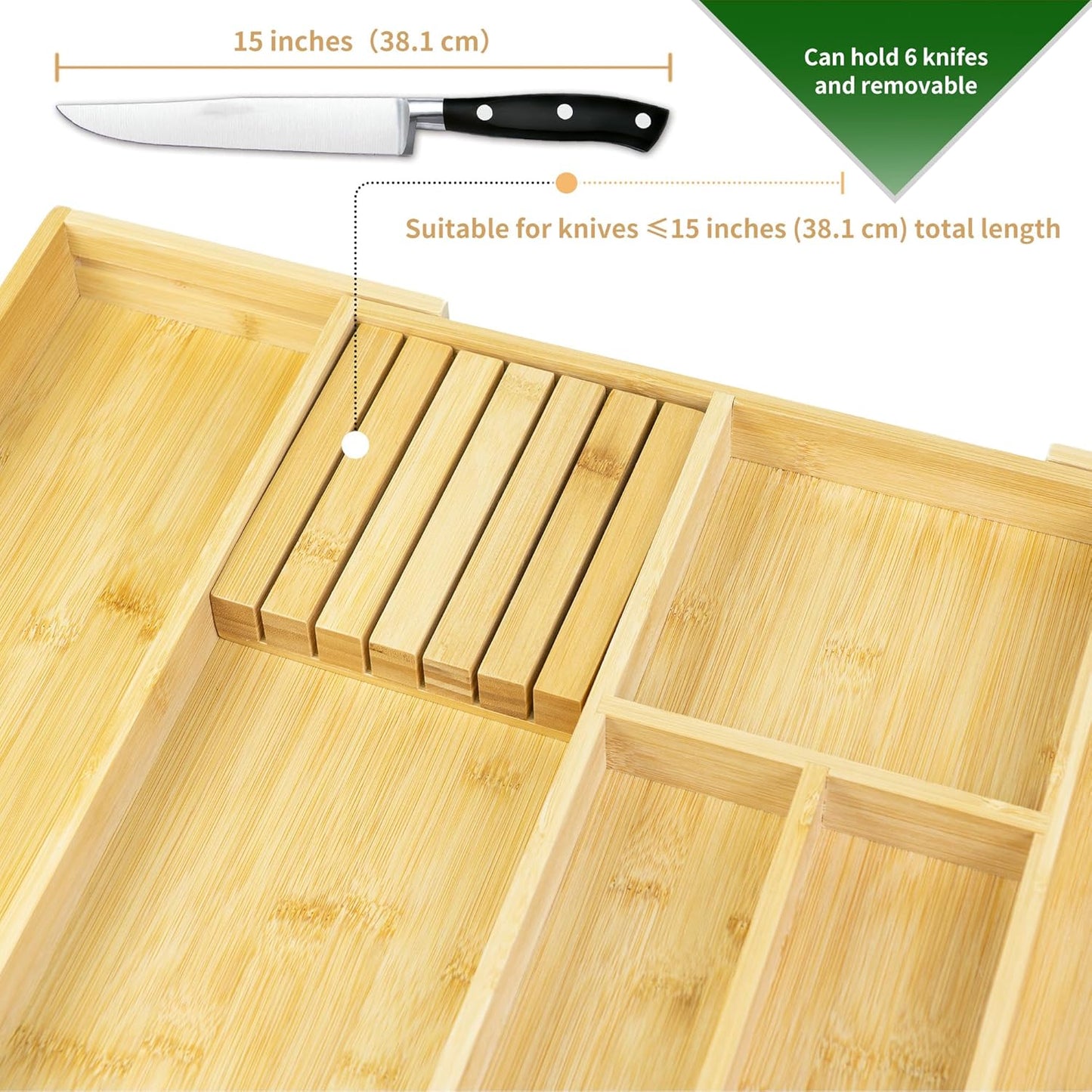 VaeFae Bamboo Silverware Drawer Organizer Kitchen, Expandable Utensil Organizer with Knife Block, Cutlery Tray with Divider, Multifunctional Drawer Organizer