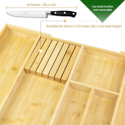 VaeFae Bamboo Silverware Drawer Organizer Kitchen, Expandable Utensil Organizer with Knife Block, Cutlery Tray with Divider, Multifunctional Drawer Organizer