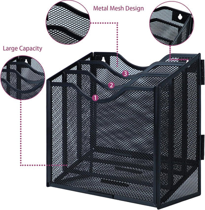 Desk File Organizer, Metal Mesh File Folder Holder Stand with 3 Vertical Compartments Rack, Wall File Organizer File Sorter for Office Supplies Desktop Organization, Black