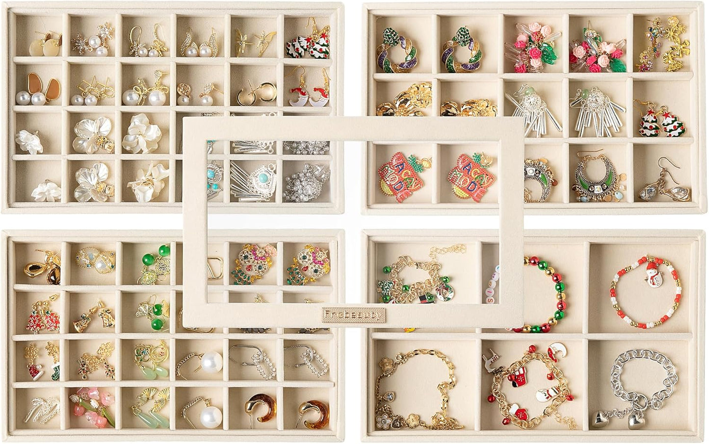 Frebeauty Stackable Jewelry Trays, Velvet Drawer Jewelry Organizer with Glass Lid,5 in 1 Multi-Functional Jewelry Storage for Earrings Necklaces Rings, 10.5 x 6.5 x 5.55 Inches Gift for Women(Beige)