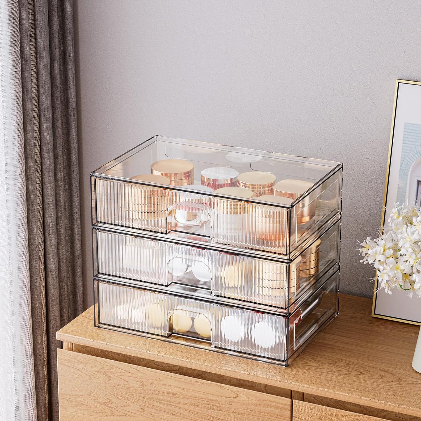 ZHIAI 8 Pack Clear Stackable Storage Drawer, Acrylic Drawer, Cosmetic Organizer, Plastic Organizer for Dresser, Under, Kitchen Cabinet, Pantry, Home Organization and Storage