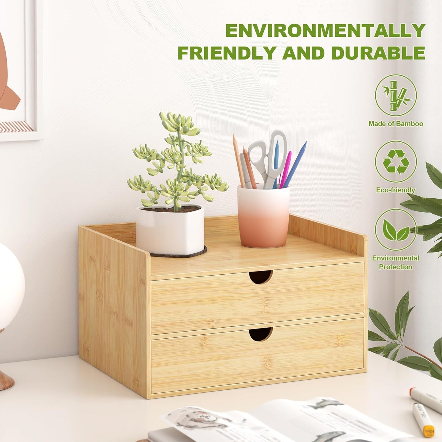 Wisuce Bamboo Desk Drawer Organizer, 3 Drawer Desktop Organizer with Drawers Tabletop Storage Organization Box for Office Home Toiletries Supplies Vanity, No Assembly Required